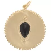 Pendentif médaille dentelée 19 mm - pierre gemme - Onyx noir - Plaqué Or 3 microns