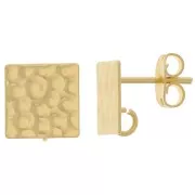 Clous d'oreilles carrés martelés 10 mm avec anneau ouvert - Doré à l'or fin x2