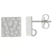Clous d'oreilles carrés martelés 10 mm avec anneau ouvert - Placage Argent fin x2