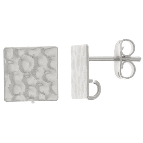 Clous d'oreilles carrés martelés 10 mm avec anneau ouvert - Placage Argent fin x2