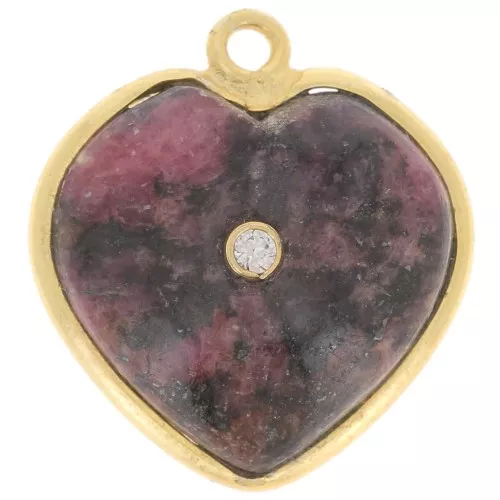 Pendentif coeur 18x16 mm - pierre gemme et oxyde de zirconium - Doré - Rhodonite
