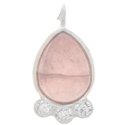 Pendentif goutte 14x7 mm - gemme & oxydes de zirconium - Argent 925 - Quartz rose