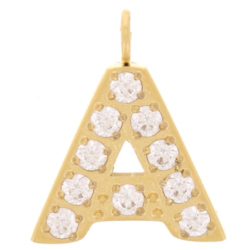 Breloque lettre alphabet 13 mm & oxydes de Zirconium - A - Acier inox 316L Doré x1
