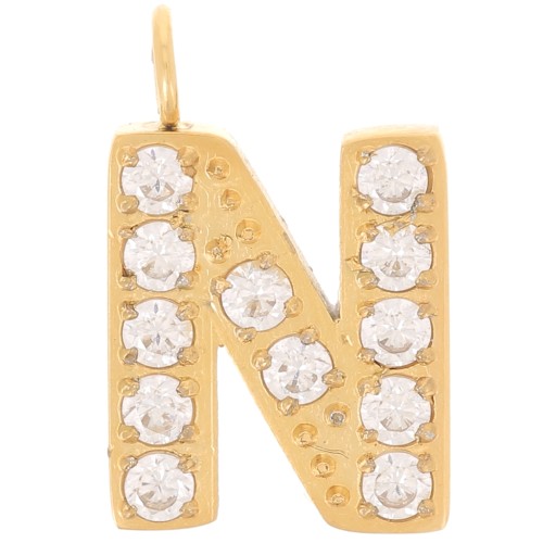 Breloque lettre alphabet 13 mm & oxydes de Zirconium - N - Acier inox 316L Doré x1