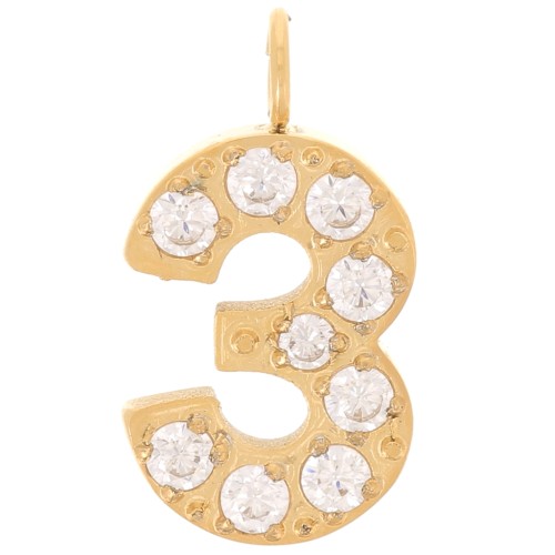 Breloque chiffre 13 mm et oxydes de Zirconium - 3 - Acier inoxydable 316L Doré x1