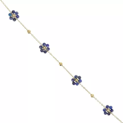 Chaîne Forçat et fleur en pierre gemme - Acier inox 304L Doré - Lapis lazuli x50cm