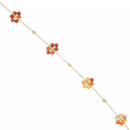 Chaîne Forçat et fleur en pierre gemme - Acier inox Doré 304L - Cornaline x50cm