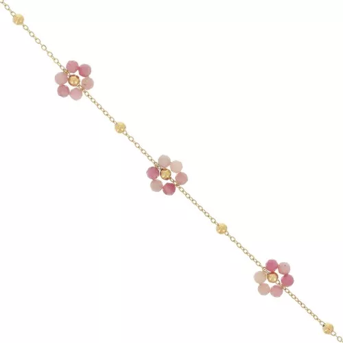 Chaîne Forçat & fleur en pierre gemme - Acier inox Doré 304L - Rhodochrosite x50cm