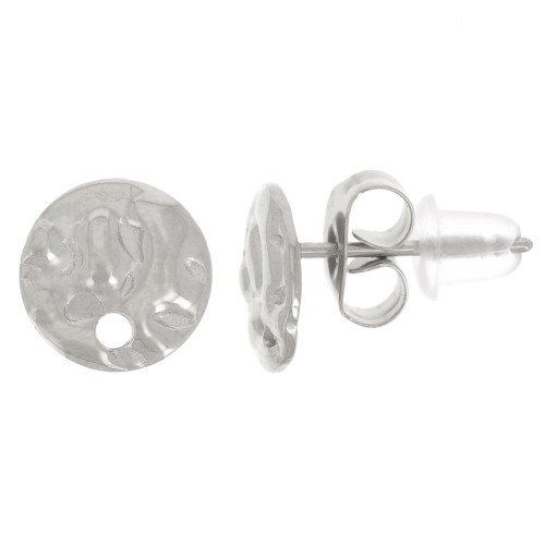 Clous d'oreilles rond martelé 8 mm avec un trou - Acier inoxydable 316L x2