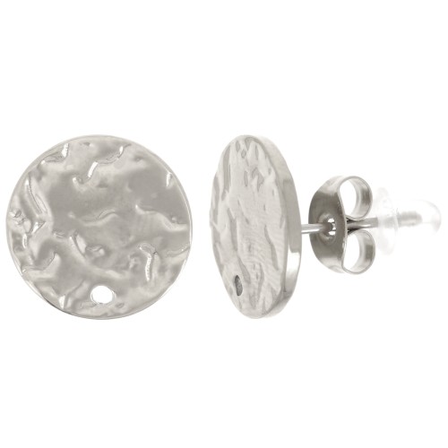 Clous d'oreilles rond martelé 12 mm avec un trou - Acier inoxydable 316L x2