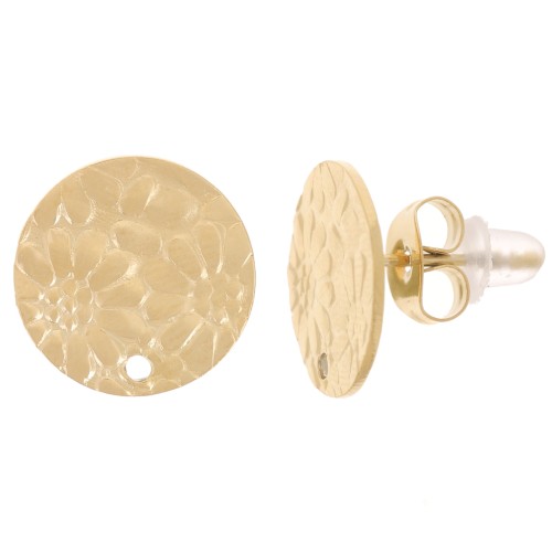 Clous d'oreilles rond 12 mm - motif fleur - Acier inoxydable 316L Doré x2