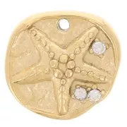 Breloque ronde irrégulière 11 mm - étoile de mer et CZ - Acier inox 304L Doré x1