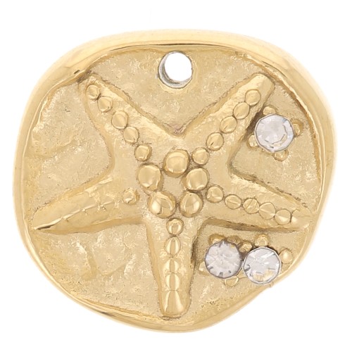 Breloque ronde irrégulière 11 mm - étoile de mer et CZ - Acier inox 304L Doré x1