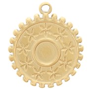 Breloque ronde 15 mm - motif fleurs - pour cabochon 4 mm - Acier inox 304 Doré x1|raw }}