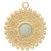 Breloque ronde 15 mm - motif fleurs - pour cabochon 4 mm - Acier inox 304 Doré x1