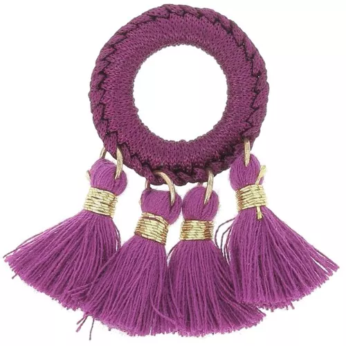 Pendentif avec pompons en polycoton 47x25 mm - Prune - Doré x1