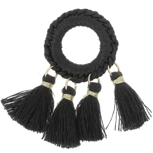 Pendentif avec pompons en polycoton 47x25 mm - Noir - Doré x1