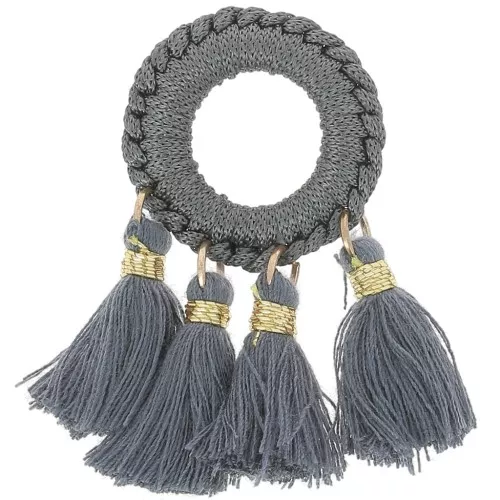 Pendentif avec pompons en polycoton 47x25 mm - Gris foncé - Doré x1