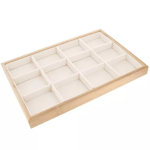 Présentoir bijoux avec 12 compartiments - 35x24cm  Bambou - Suédine Beige x1