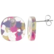 Clous d'oreilles carrés arrondis en acétate 15mm - Terrazzo Vanille - Rose Pastel x2