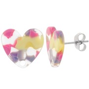 Clous d'oreilles coeur en acrylique 14x15.5 mm - Terrazzo Vanille - Rose Pastel x2|raw }}