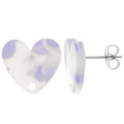 Clous d'oreilles coeur en acrylique 14x15.5 mm - Terrazzo Violet - Blanc nacré x2|raw }}