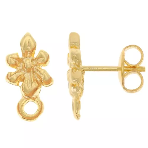 Clous d'oreilles fleur 13x7 mm avec anneau fermé - Doré à l'or fin x2