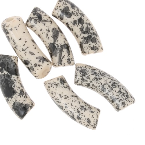 Perles tube incurvé 35x11 mm en acrylique transparent - Beige Tacheté Noir x6