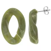 Clous d'oreilles maillon ovale torsadé 29.5x20 mm - Marbré Olive - Blanc x2