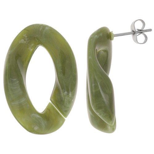 Clous d'oreilles maillon ovale torsadé 29.5x20 mm - Marbré Olive - Blanc x2