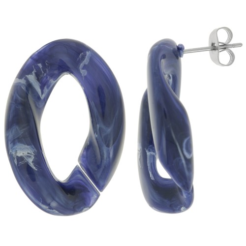 Clous d'oreilles maillon ovale torsadé 29.5x20 mm - Marbré Bleu nuit - Blanc x2