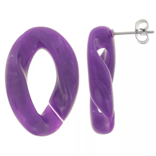 Clous d'oreilles maillon ovale torsadé 29.5x20 mm - Marbré Violet - Blanc x2