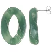 Clous d'oreilles maillon ovale torsadé 29.5x20 mm - Marbré Vert foncé - Blanc x2