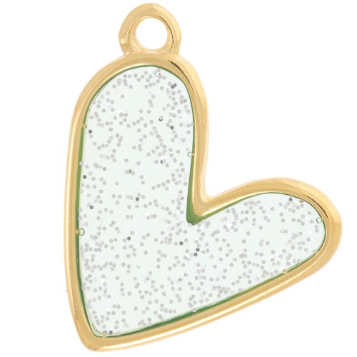 Pendentif coeur 21x18 mm époxy vitrail - Doré à l'or fin - Bleu - Pailleté argenté