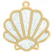 Pendentif coquillage 25x23mm époxy vitrail - Doré Or fin - Bleu Pailleté argenté