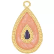 Pendentif goutte 27x16 mm avec résine époxy - Doré à l'or fin - Saumon nacré x1