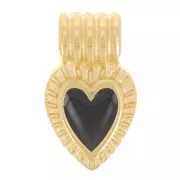 Mini pendentif coeur strié 15x7 mm avec résine époxy - Doré à l'or fin - Noir x1