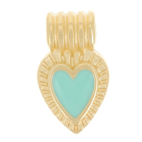 Mini pendentif coeur strié 15x7 mm avec résine époxy - Doré à l'or fin - Turquoise