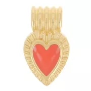 Mini pendentif coeur strié 15x7 mm avec résine époxy - Doré à l'or fin - Orange x1