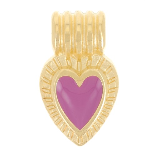Mini pendentif coeur strié 15x7 mm avec résine époxy - Doré à l'or fin - Prune x1