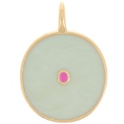 Pendentif rond 20 mm avec résine époxy - Doré à l'or fin - Mint nacré x1