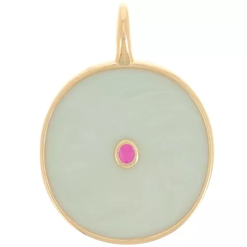Pendentif rond 20 mm avec résine époxy - Doré à l'or fin - Mint nacré x1
