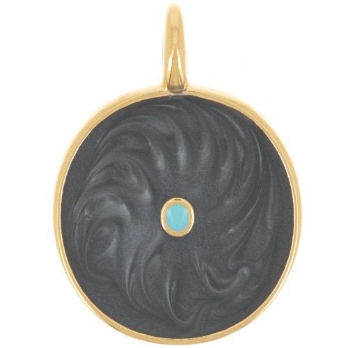 Pendentif rond 20 mm avec résine époxy - Doré à l'or fin - Noir nacré x1