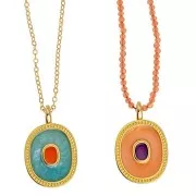 Pendentif ovale 27x17 mm avec résine époxy - Doré à l'or fin - Crème nacré x1