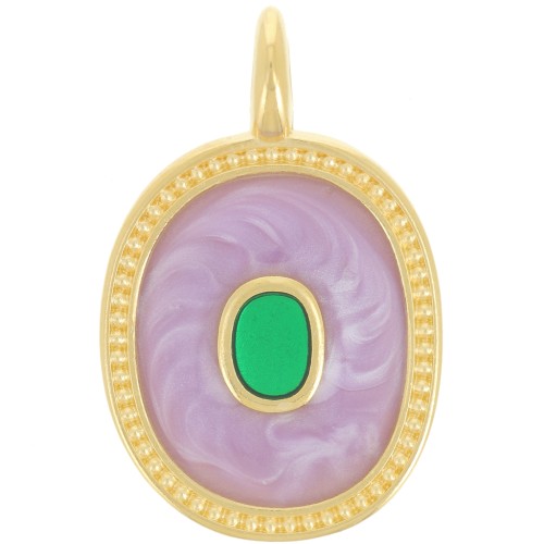 Pendentif ovale 27x17 mm avec résine époxy - Doré à l'or fin - Lilas nacré x1
