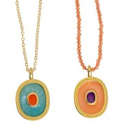 Pendentif ovale 27x17 mm avec résine époxy - Doré à l'or fin - Lilas nacré x1