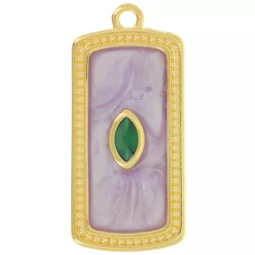 Pendentif rectangle 29x14 mm avec résine époxy - Doré à l'or fin - Lilas nacré x1