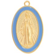 Pendentif ovale motif Vierge 32x20 mm avec résine époxy - Doré à l'or fin - Bleu