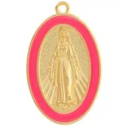 Pendentif ovale motif Vierge 32x20 mm résine époxy - Doré à l'or fin - Corail fluo