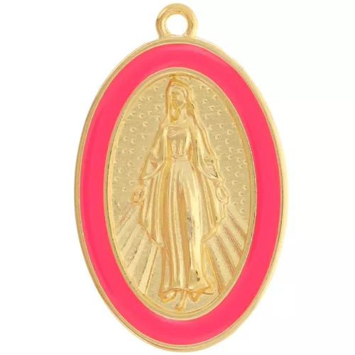 Pendentif ovale motif Vierge 32x20 mm résine époxy - Doré à l'or fin - Corail fluo